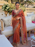 Shivangee Rust Satin Silk Embroidery Saree with Blouse