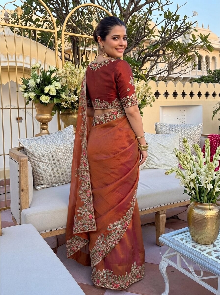 Shivangee Rust Satin Silk Embroidery Saree with Blouse