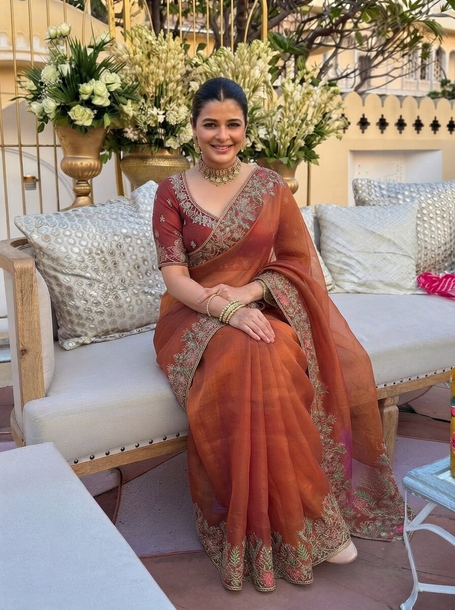 Shivangee Rust Satin Silk Embroidery Saree with Blouse