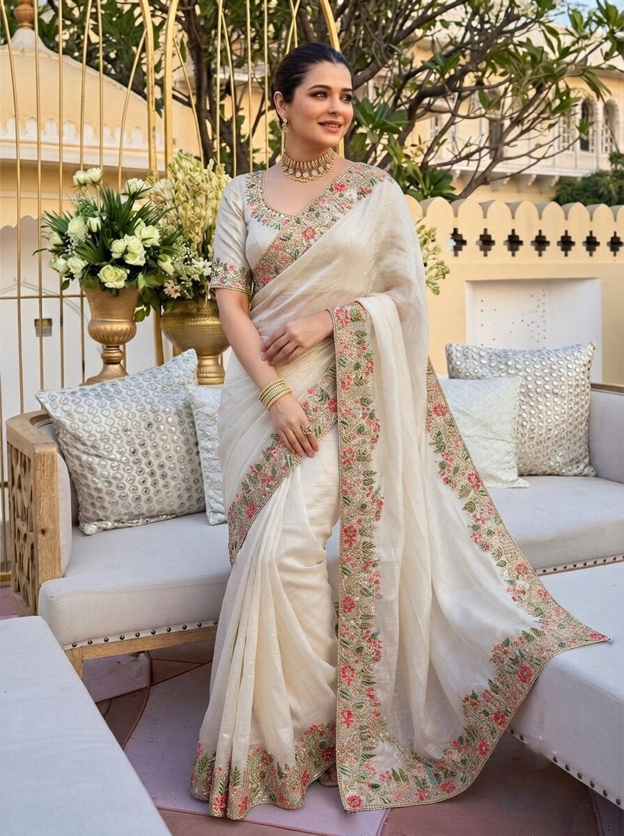 Shivangee Off White Satin Silk Embroidery Saree with Blouse