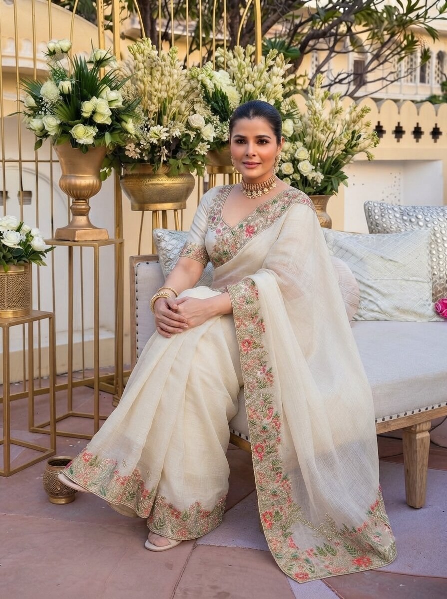 Shivangee Off White Satin Silk Embroidery Saree with Blouse