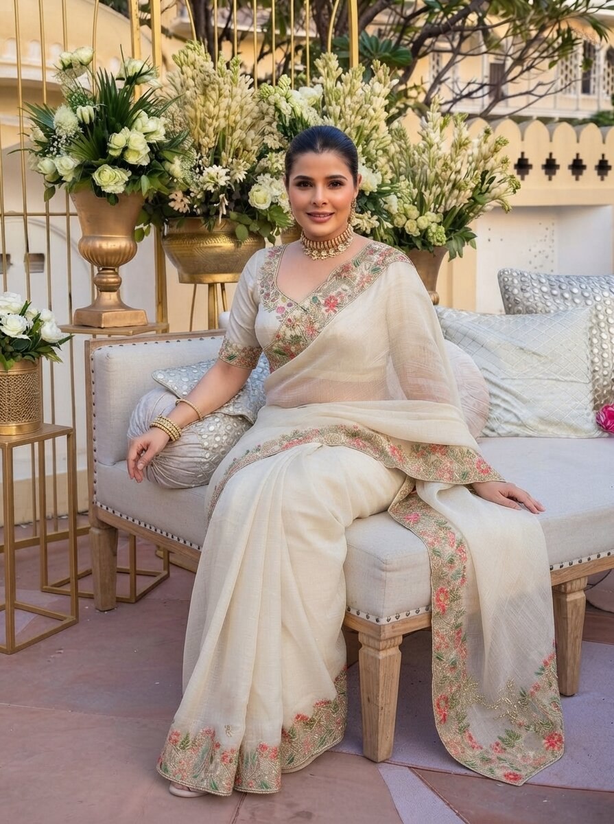 Shivangee Off White Satin Silk Embroidery Saree with Blouse