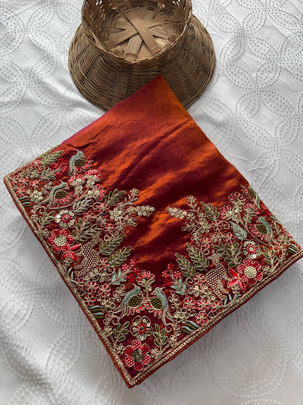 Shivangee Rust Satin Silk Embroidery Saree with Blouse