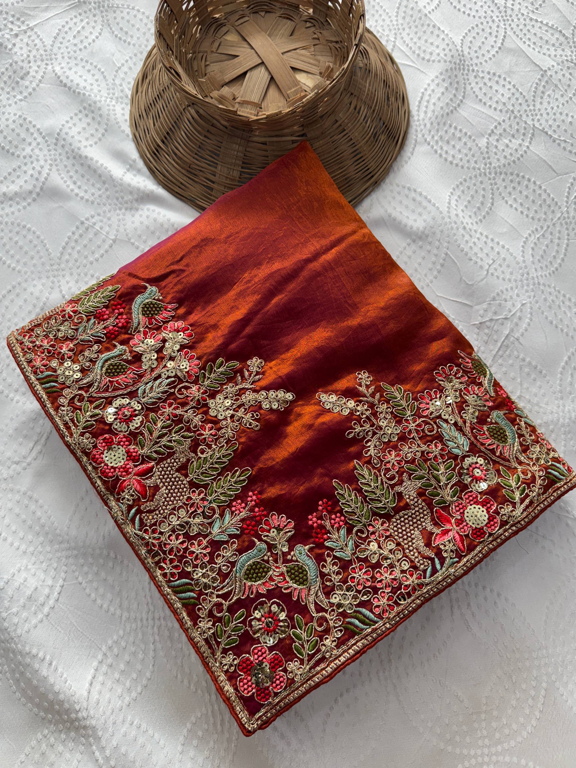 Shivangee Rust Satin Silk Embroidery Saree with Blouse