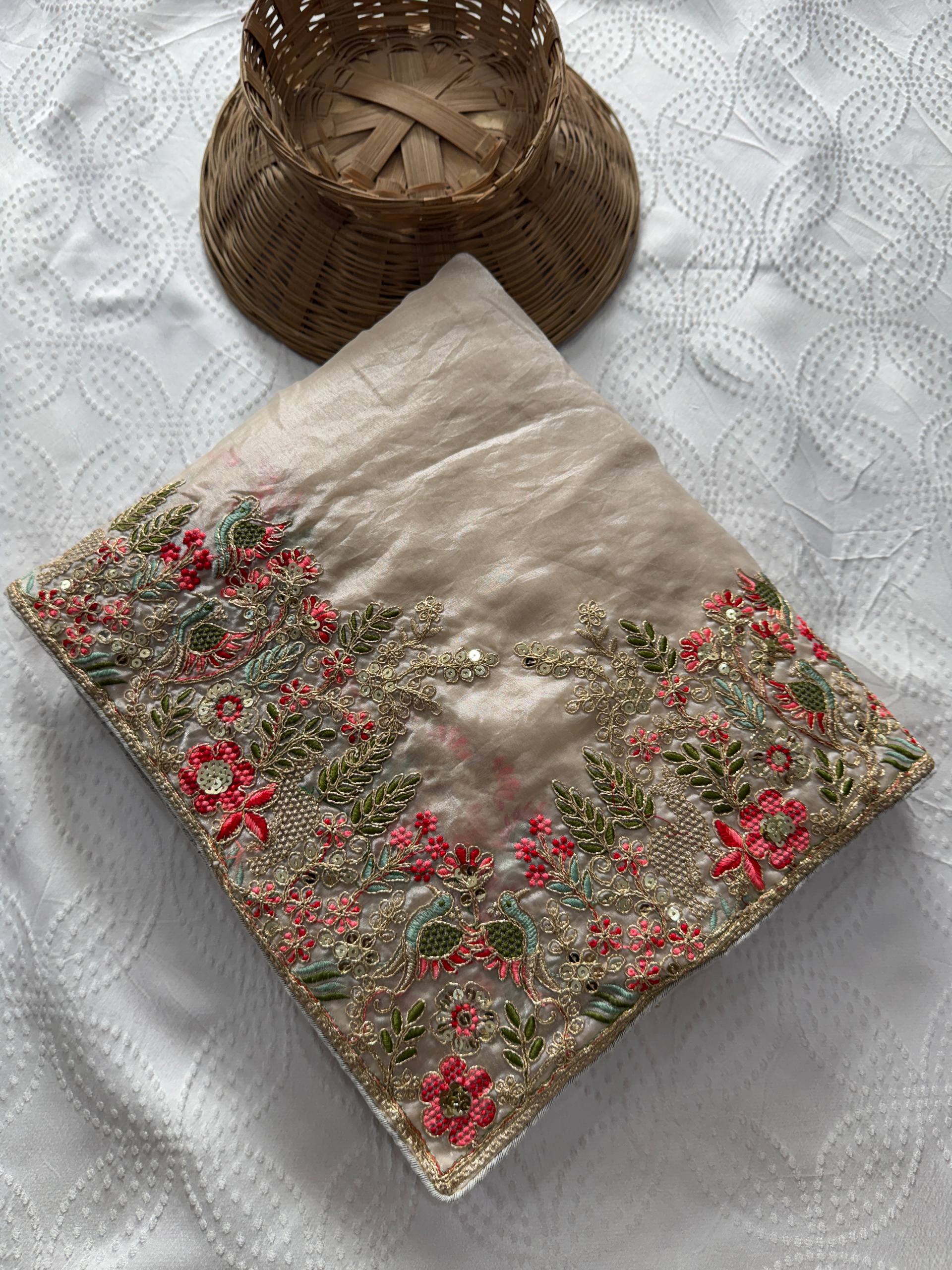 Shivangee Off White Satin Silk Embroidery Saree with Blouse