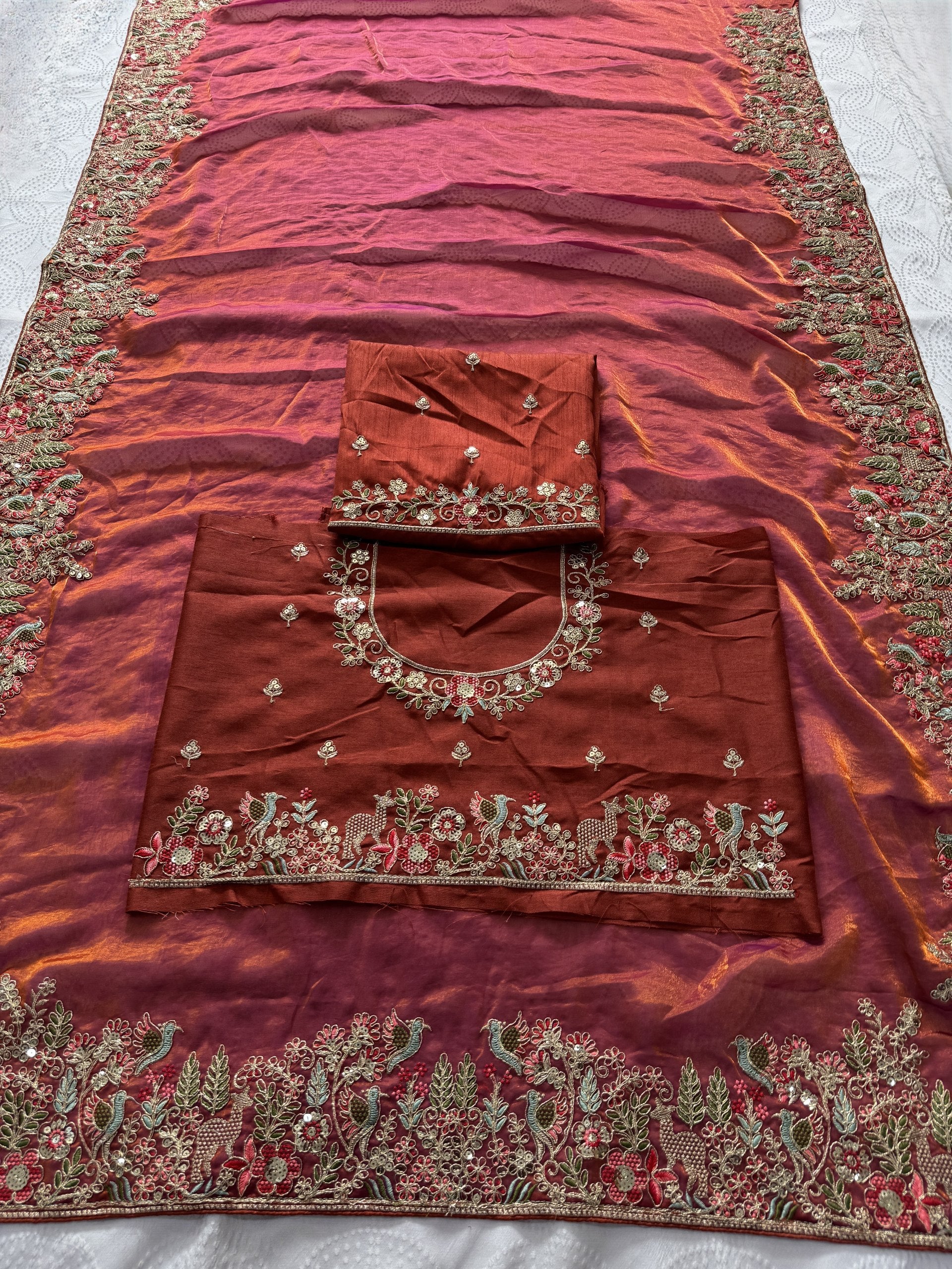 Shivangee Rust Satin Silk Embroidery Saree with Blouse