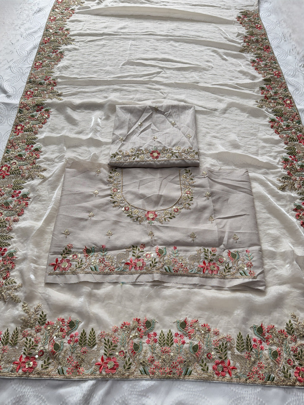 Shivangee Off White Satin Silk Embroidery Saree with Blouse