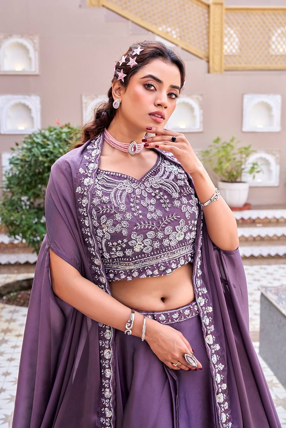 Purple Rangoli Silk Embroidered Lehenga Choli Set [3 PCS]