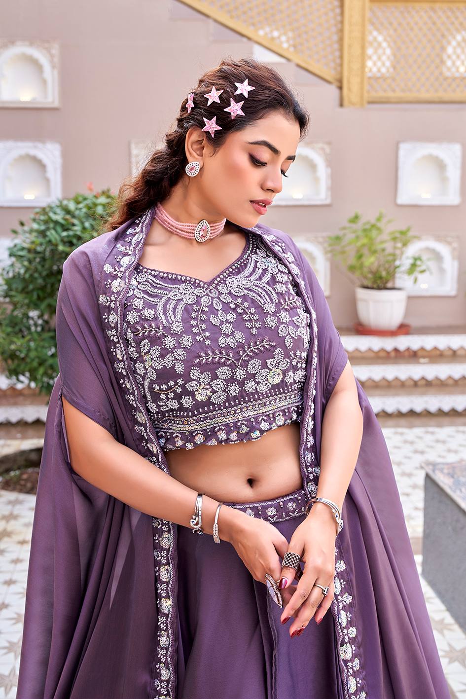 Purple Rangoli Silk Embroidered Lehenga Choli Set [3 PCS]