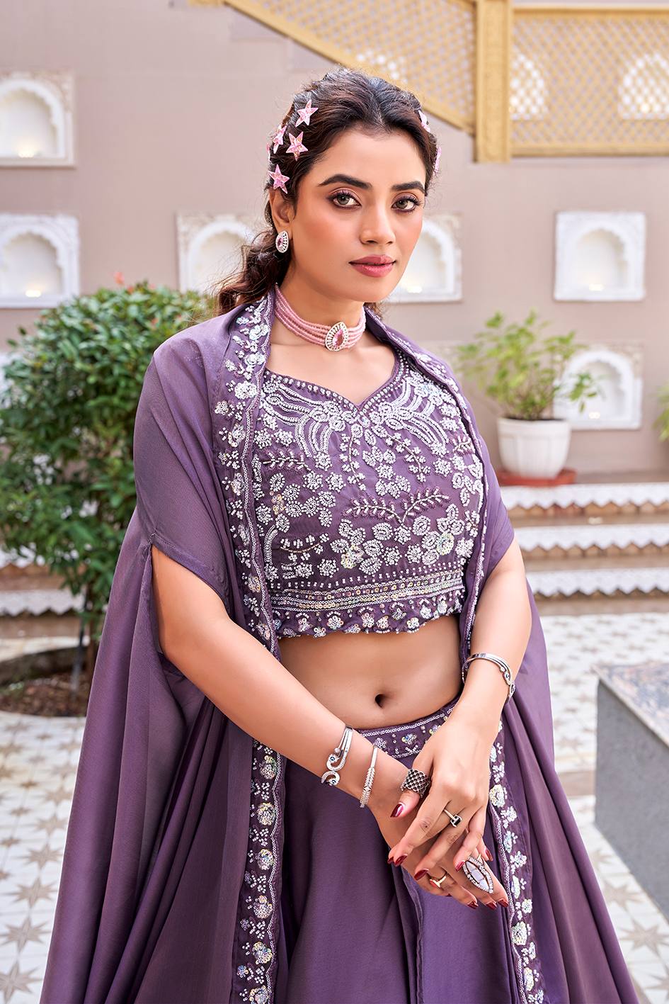 Purple Rangoli Silk Embroidered Lehenga Choli Set [3 PCS]