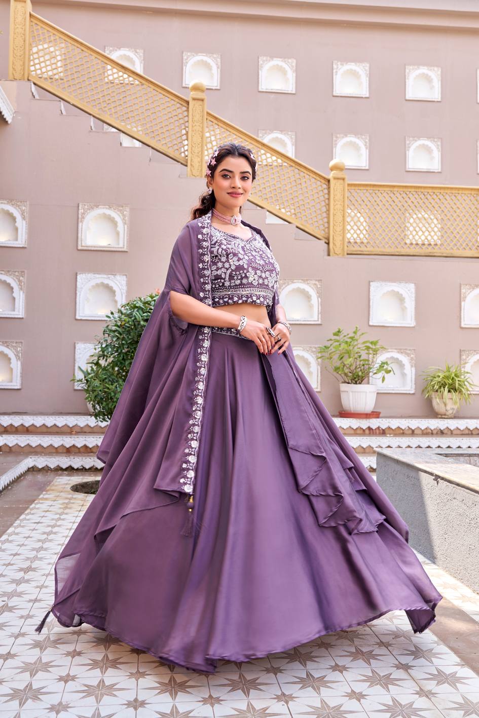 Purple Rangoli Silk Embroidered Lehenga Choli Set [3 PCS]