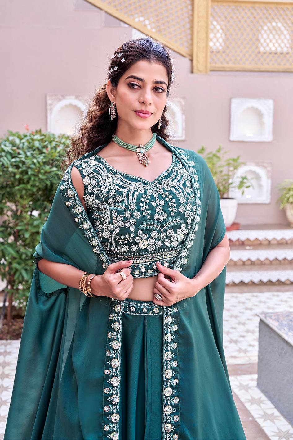 Emerald Green Rangoli Silk Embroidered Lehenga Choli Set [3 PCS]