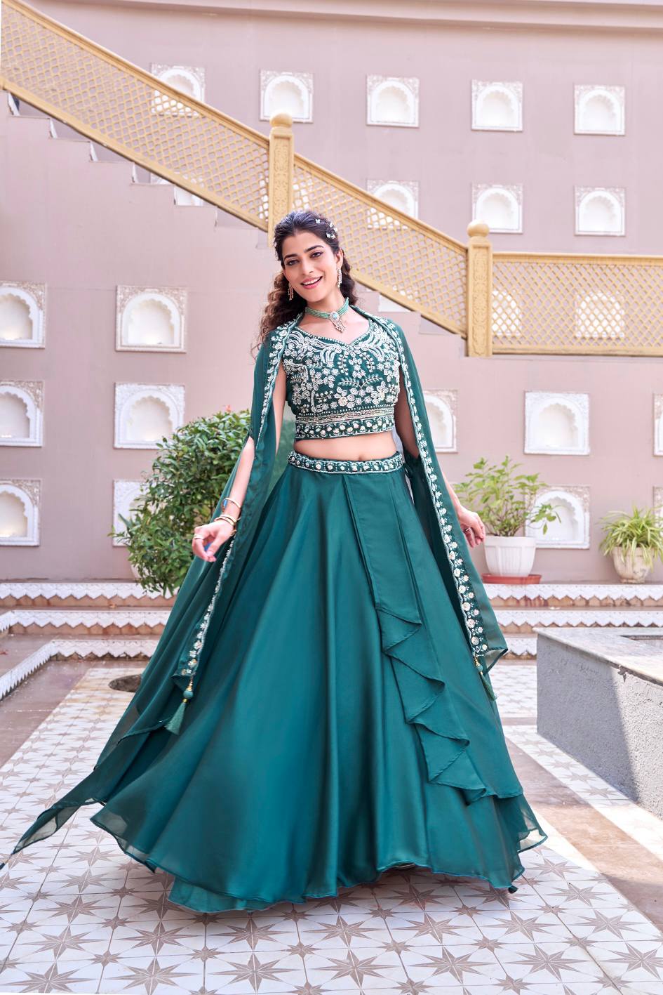 Emerald Green Rangoli Silk Embroidered Lehenga Choli Set [3 PCS]