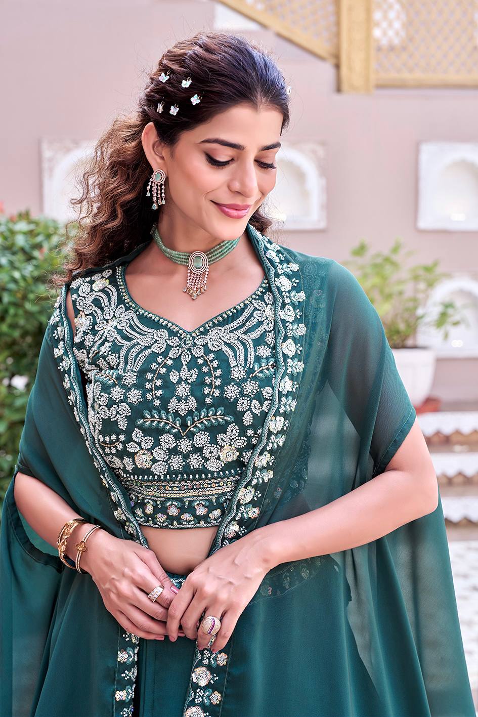 Emerald Green Rangoli Silk Embroidered Lehenga Choli Set [3 PCS]