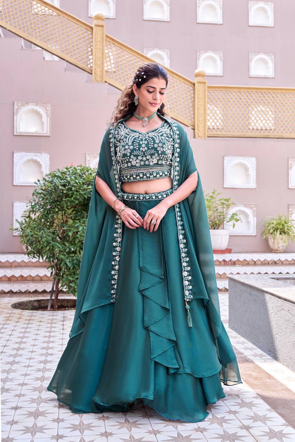 Emerald Green Rangoli Silk Embroidered Lehenga Choli Set [3 PCS]