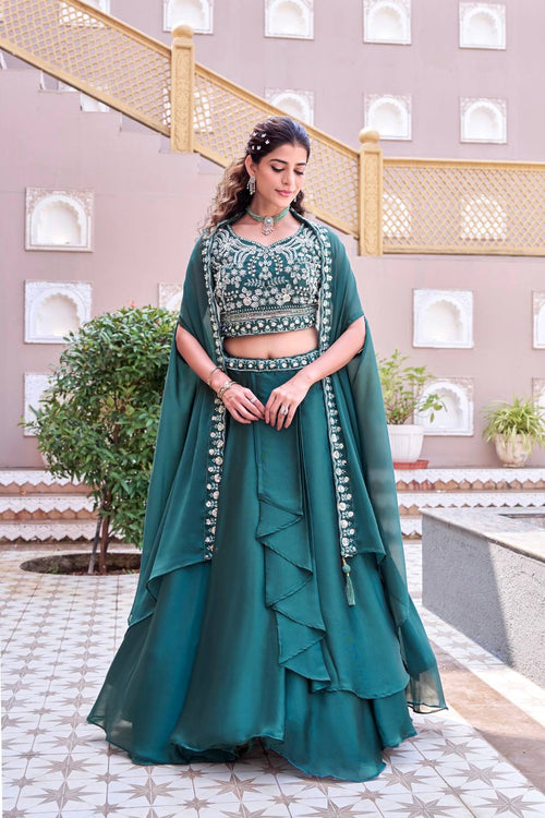 Emerald Green Rangoli Silk Embroidered Lehenga Choli Set [3 PCS]