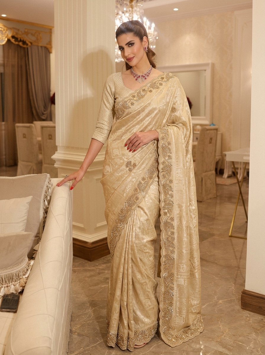 Light Gold Pure Kanjivaram Silk Saree with Blouse