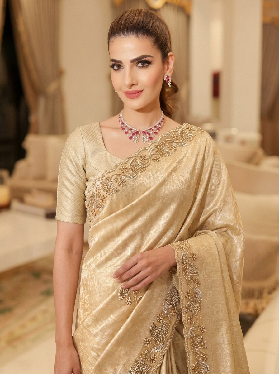 Light Gold Pure Kanjivaram Silk Saree with Blouse