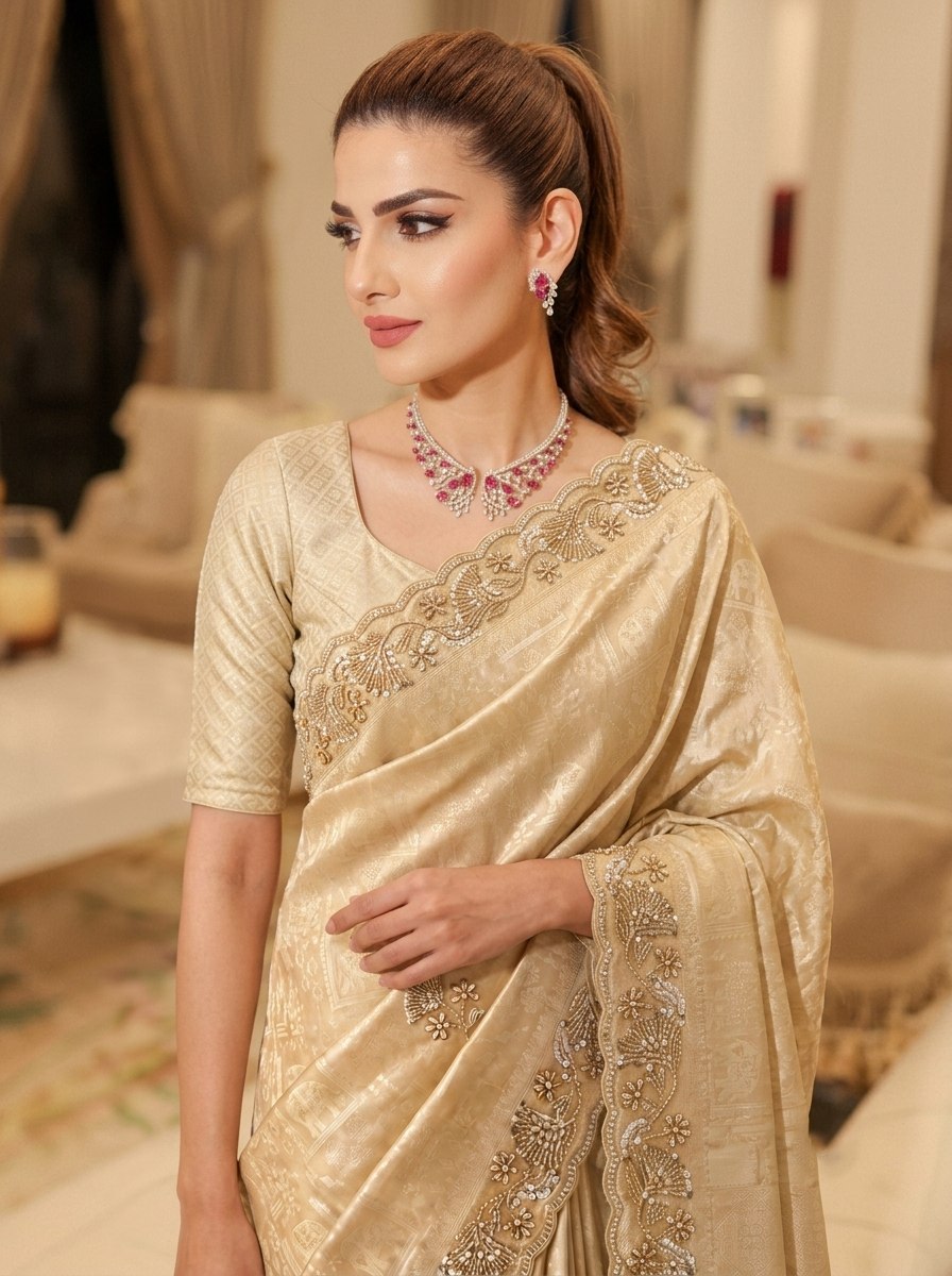 Light Gold Pure Kanjivaram Silk Saree with Blouse