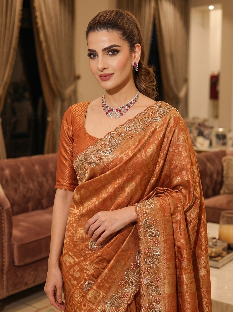 Rust Orange Pure Kanjivaram Silk Saree with Blouse