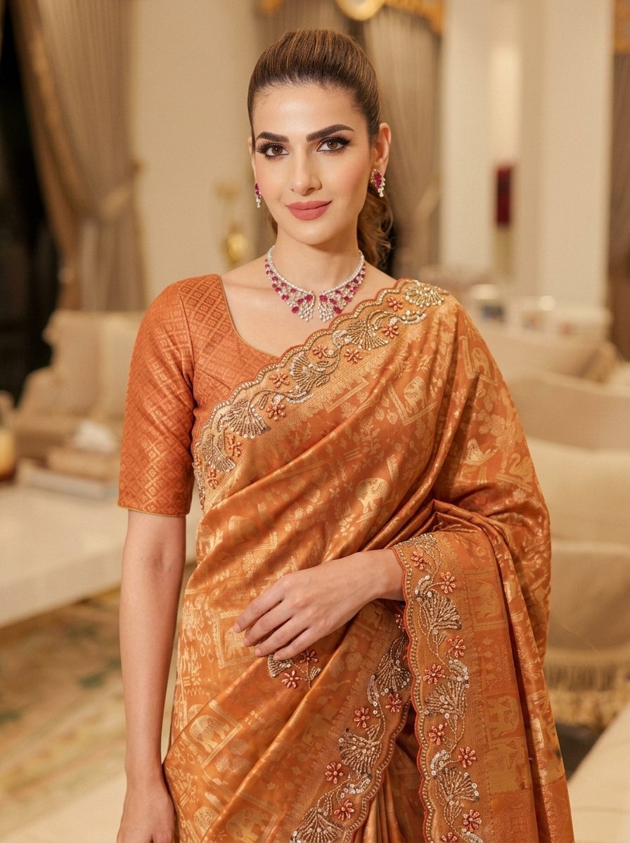 Rust Orange Pure Kanjivaram Silk Saree with Blouse