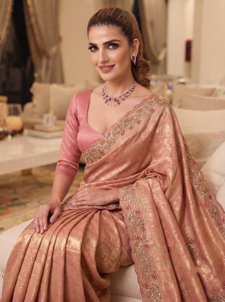 Rose Pink Pure Kanjivaram Silk Saree with Blouse