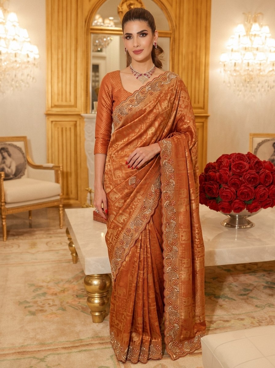 Rust Orange Pure Kanjivaram Silk Saree with Blouse