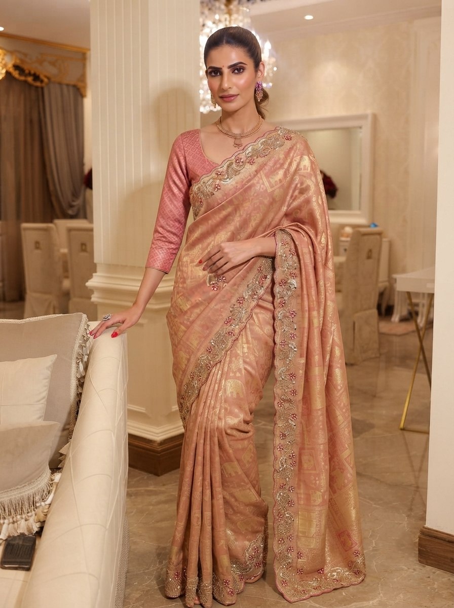 Rose Pink Pure Kanjivaram Silk Saree with Blouse