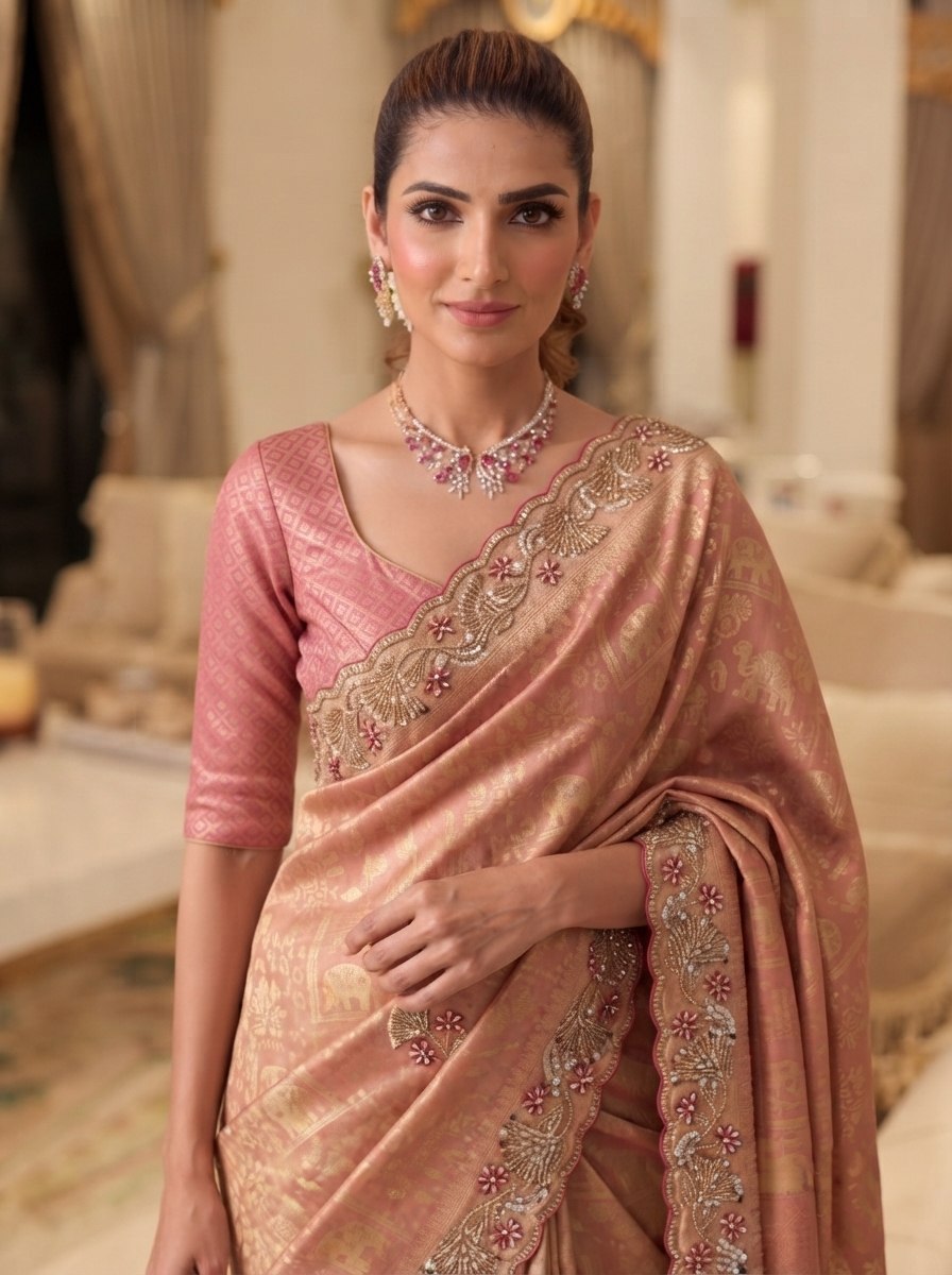 Rose Pink Pure Kanjivaram Silk Saree with Blouse