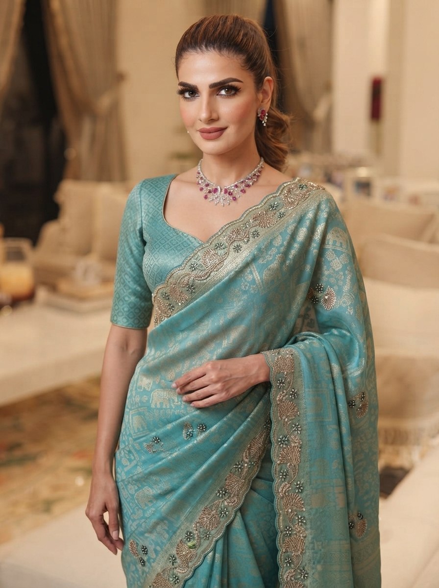 Teal Blue Pure Kanjivaram Silk Saree with Blouse
