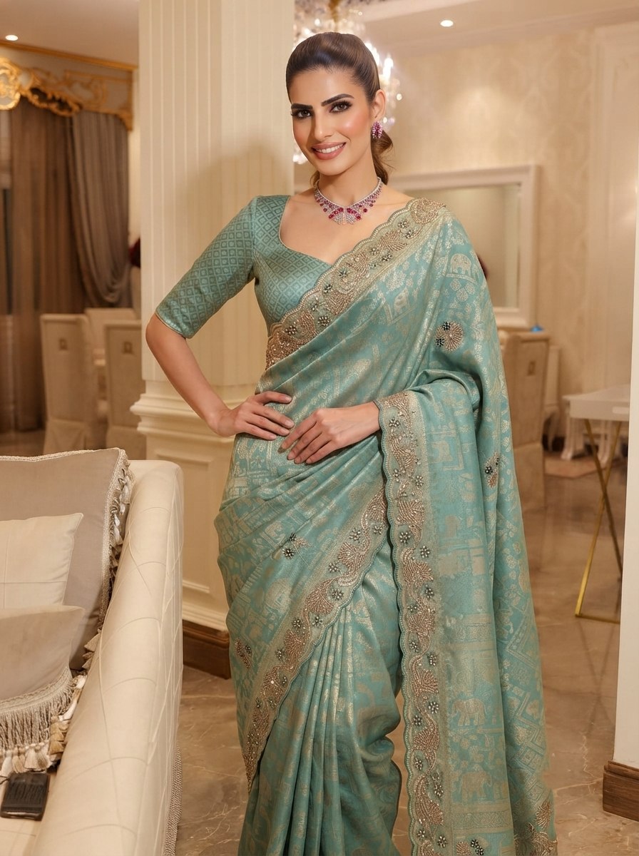 Teal Blue Pure Kanjivaram Silk Saree with Blouse