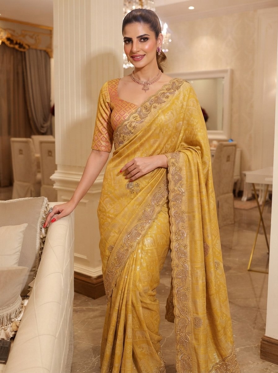 Golden Pure Kanjivaram Silk Saree with Blouse