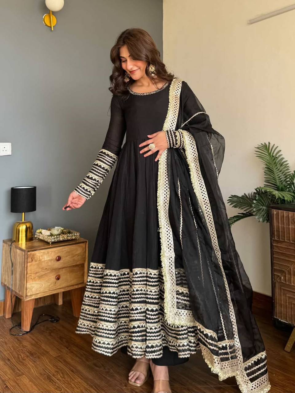 Midnight Grace Embroidered Anarkali Suit Set [3 PCS]
