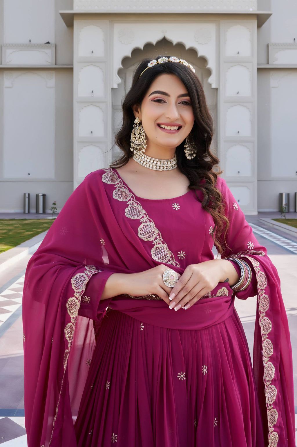 Rani Pink Georgette Embroidered Festival Gown Set with Dupatta [2 PCS]