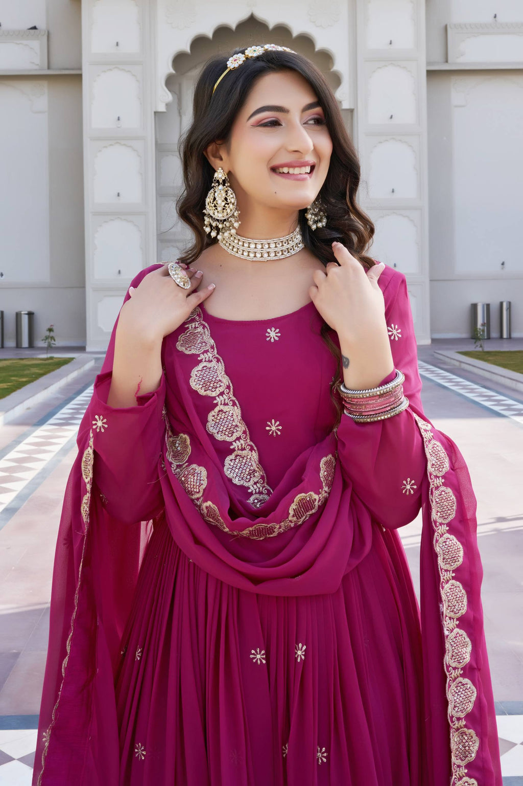 Rani Pink Georgette Embroidered Festival Gown Set with Dupatta [2 PCS]