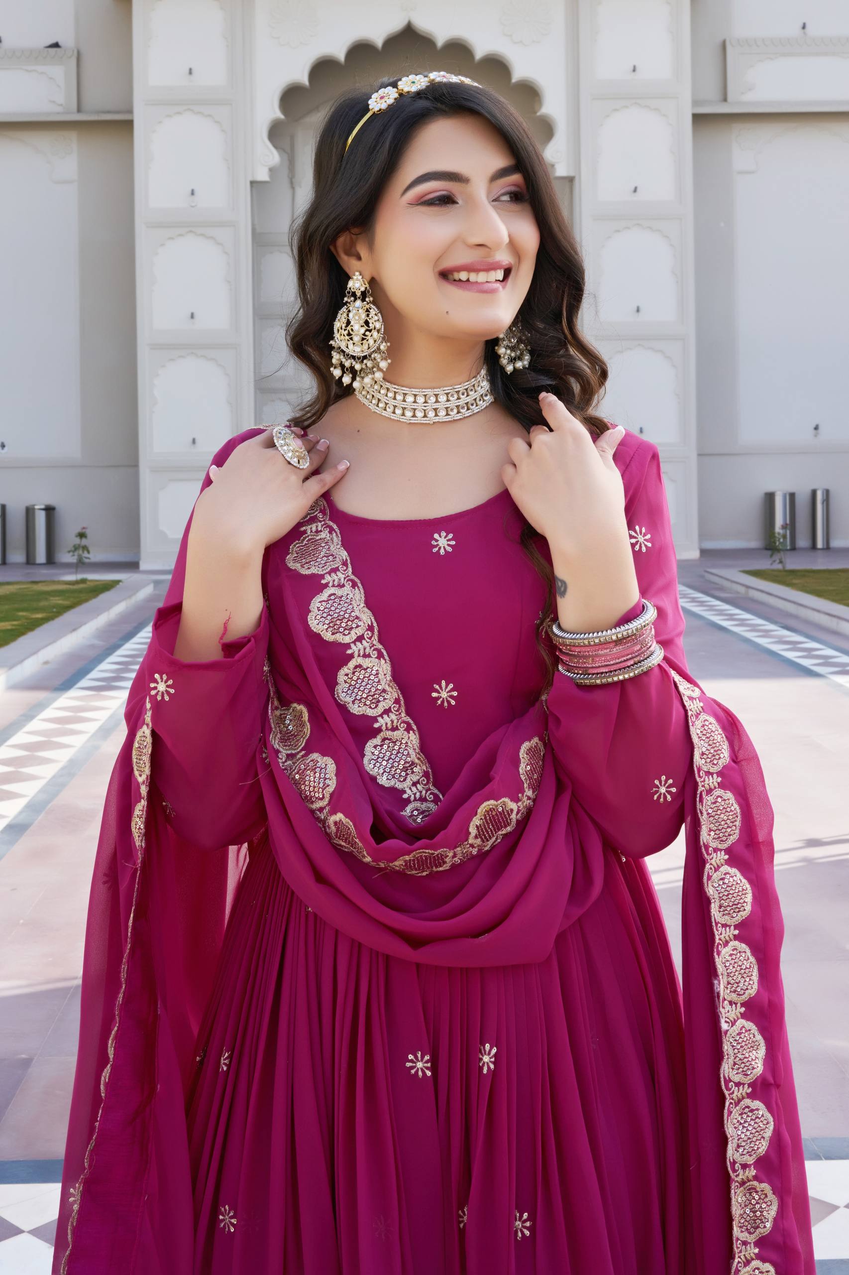 Rani Pink Georgette Embroidered Festival Gown Set with Dupatta [2 PCS]