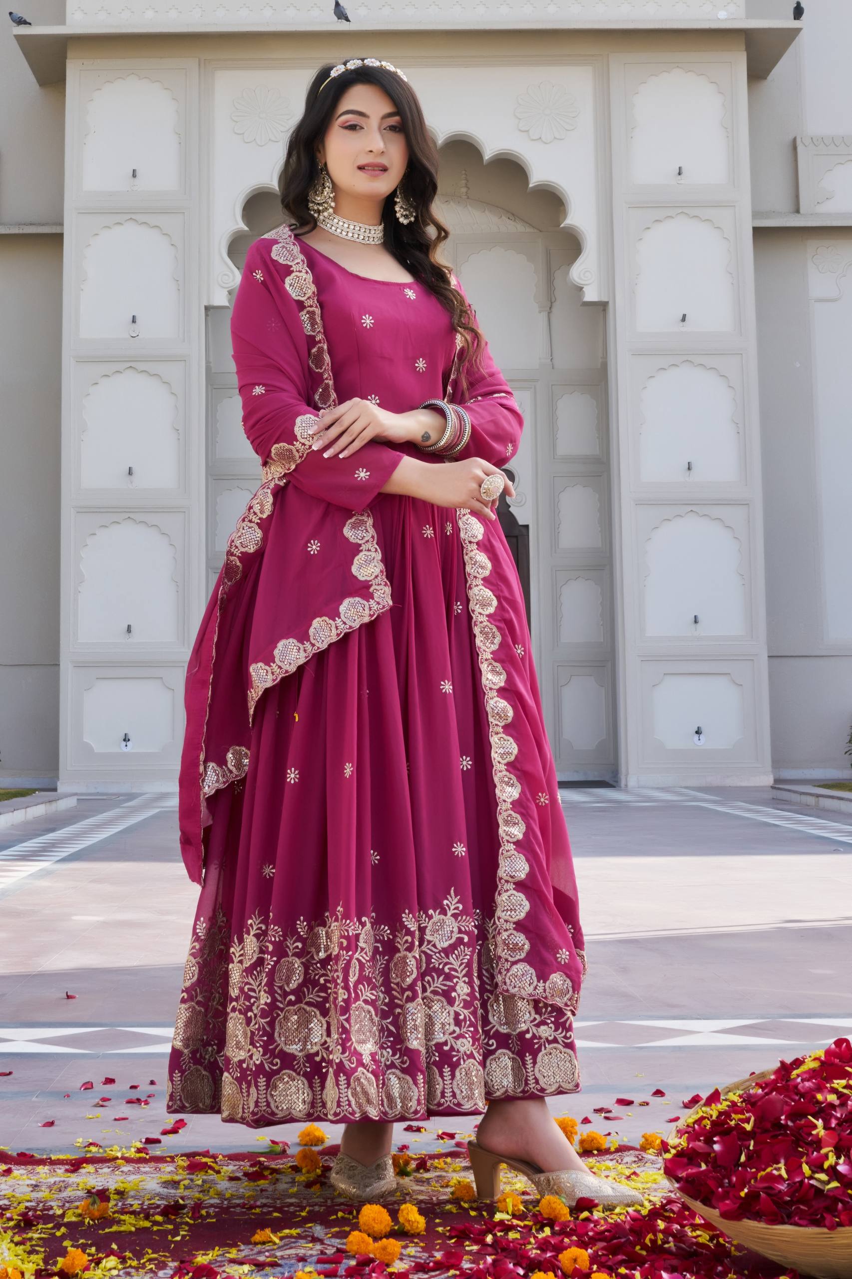 Rani Pink Georgette Embroidered Festival Gown Set with Dupatta [2 PCS]