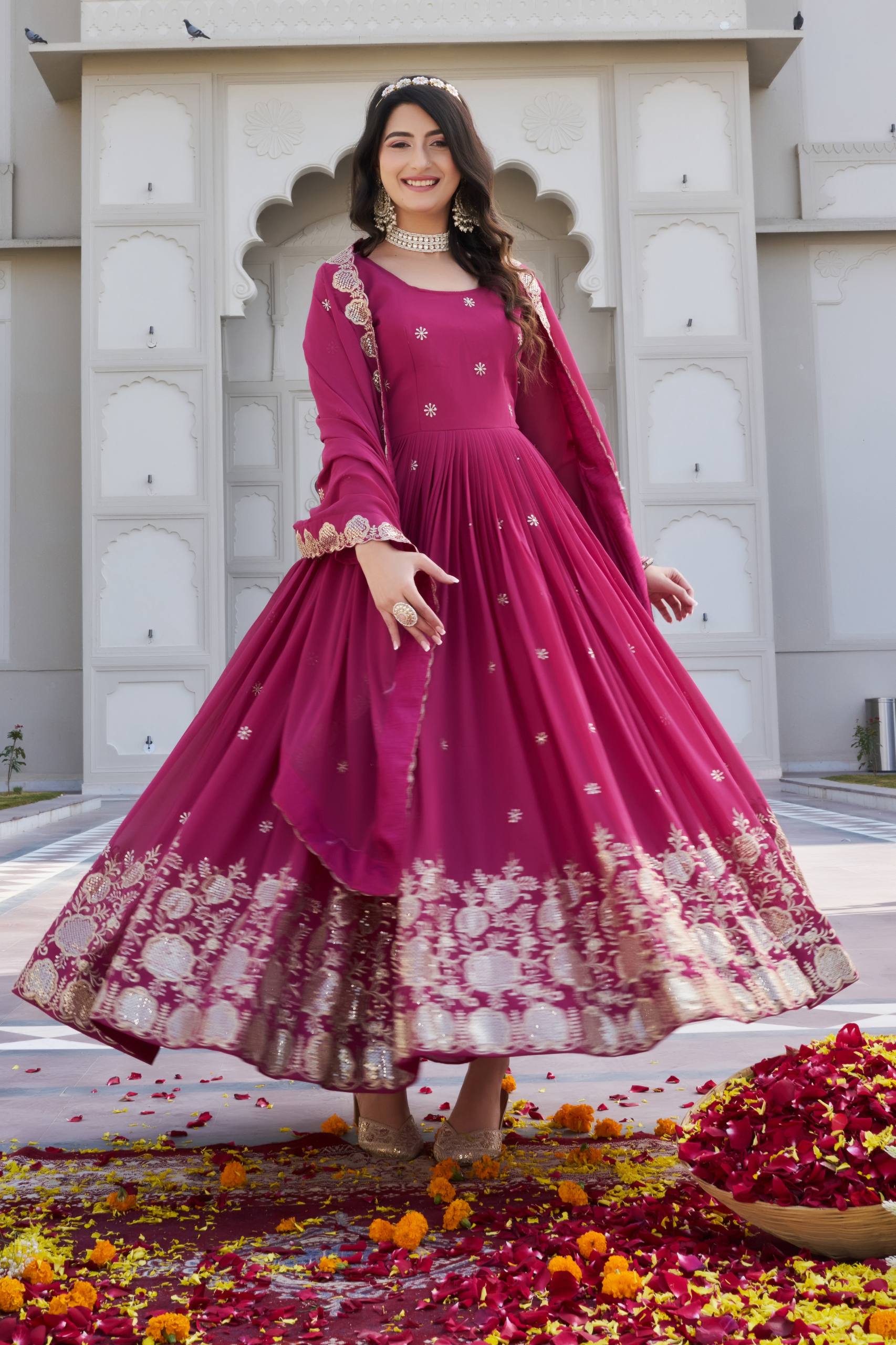 Rani Pink Georgette Embroidered Festival Gown Set with Dupatta [2 PCS]