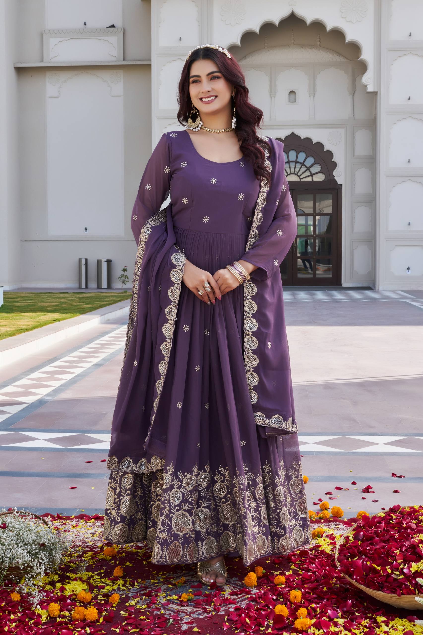 Purple Georgette Embroidered Festival Gown Set with Dupatta [2 PCS]