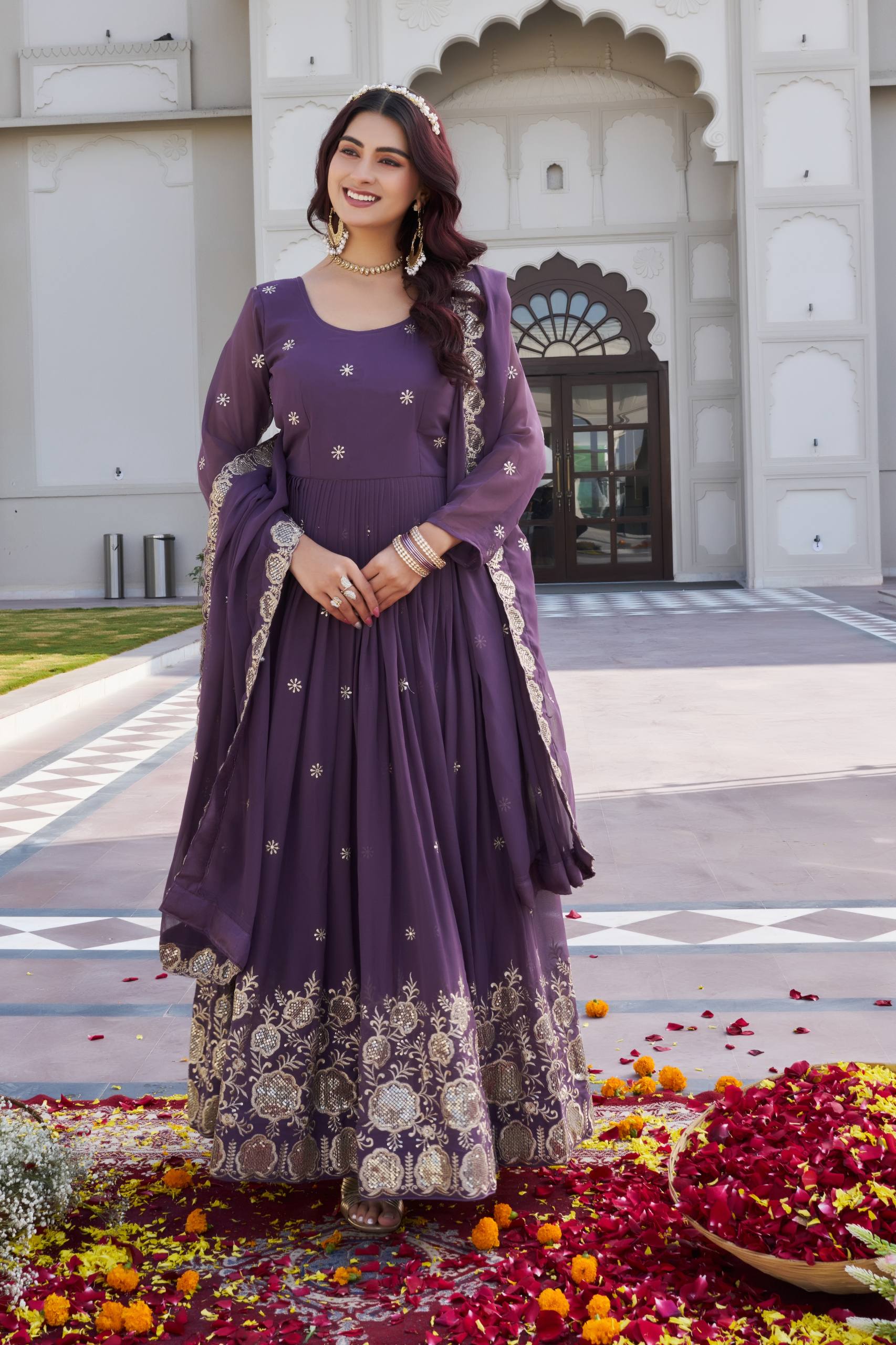 Purple Georgette Embroidered Festival Gown Set with Dupatta [2 PCS]
