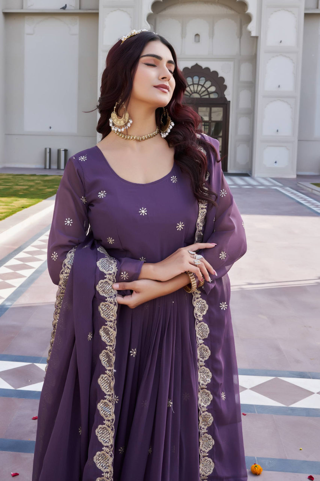 Purple Georgette Embroidered Festival Gown Set with Dupatta [2 PCS]