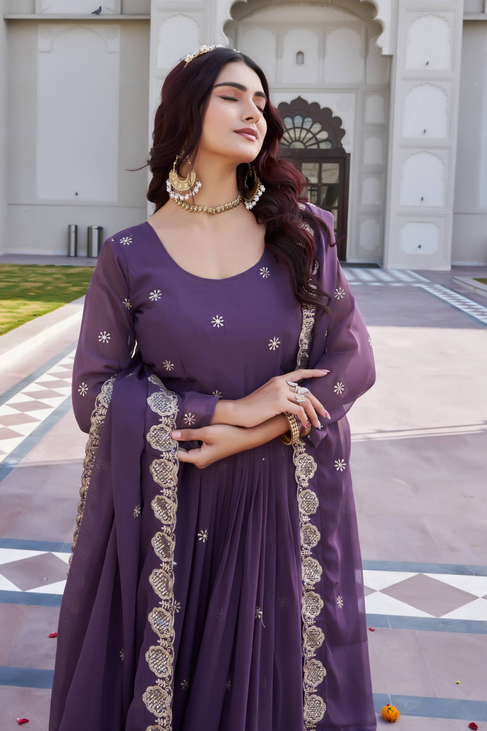 Purple Georgette Embroidered Festival Gown Set with Dupatta [2 PCS]