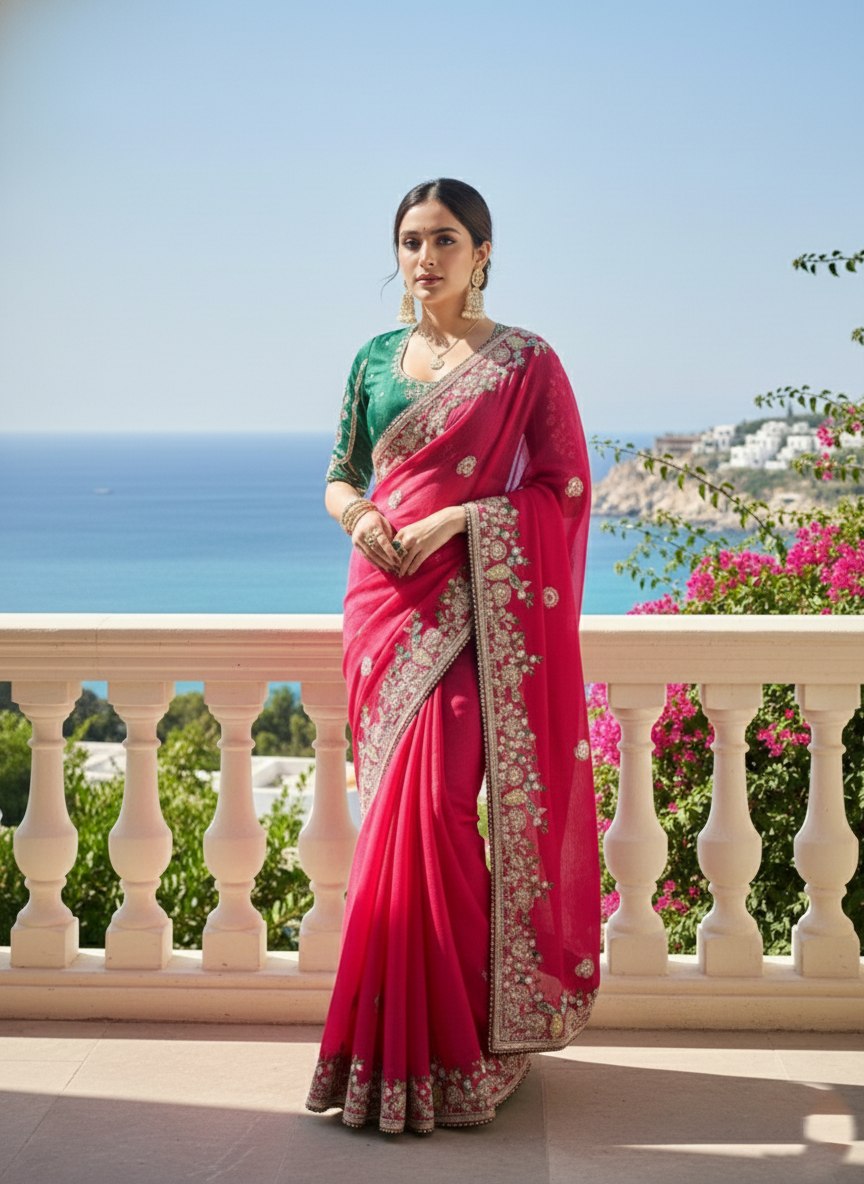 Pink Fendy Chiffon Silk Designer Saree with Blouse