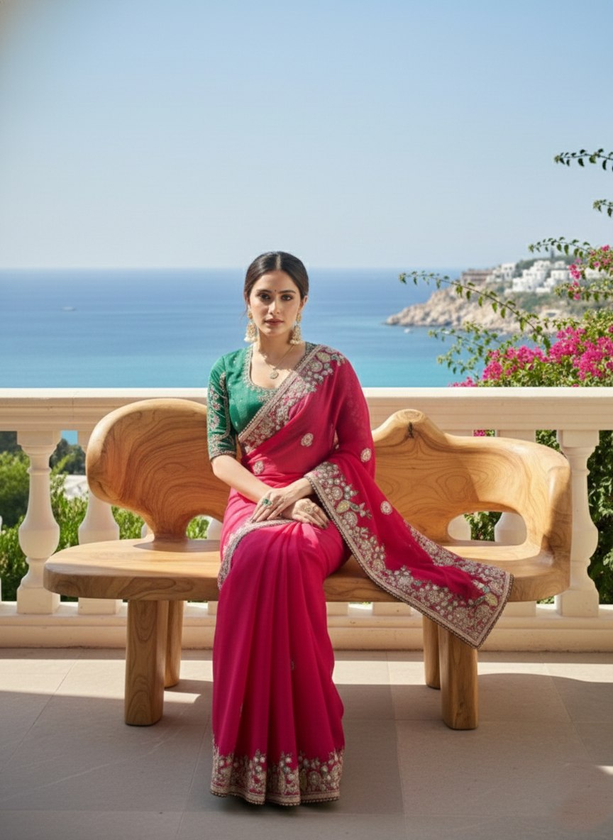 Pink Fendy Chiffon Silk Designer Saree with Blouse