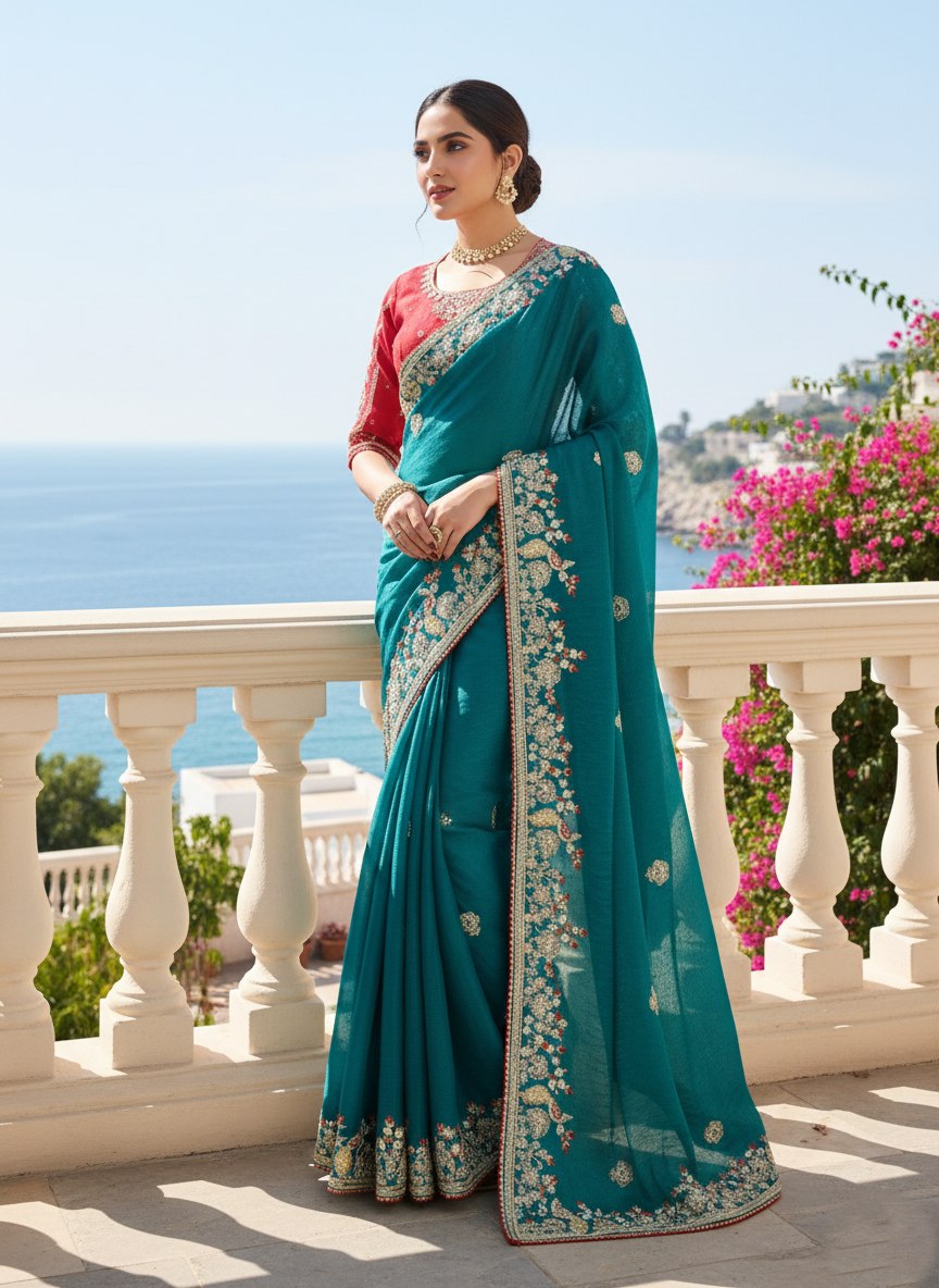 Blue Fendy Chiffon Silk Designer Saree with Blouse