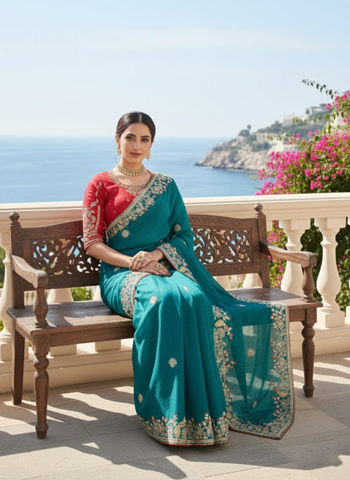 Blue Fendy Chiffon Silk Designer Saree with Blouse
