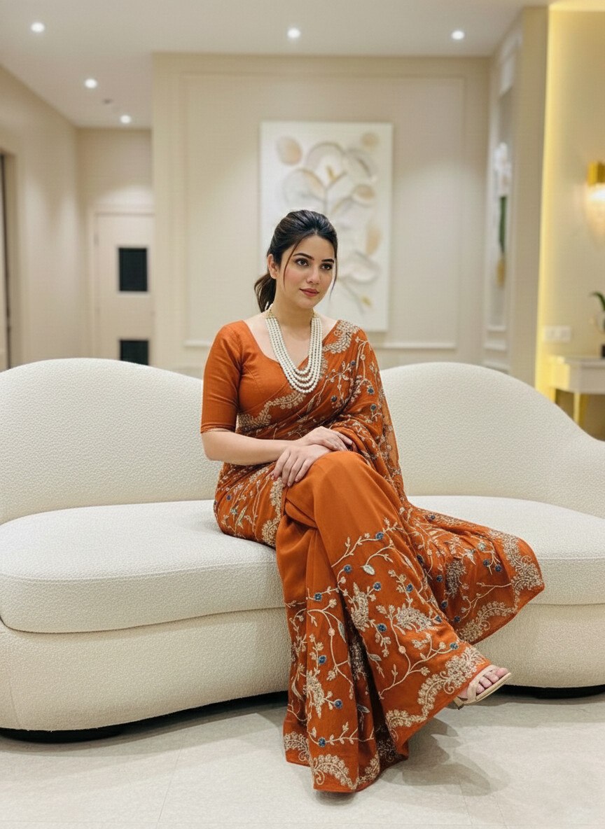 Rust Rangoli Silk Designer Saree with Blouse