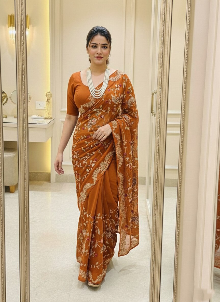 Rust Rangoli Silk Designer Saree with Blouse