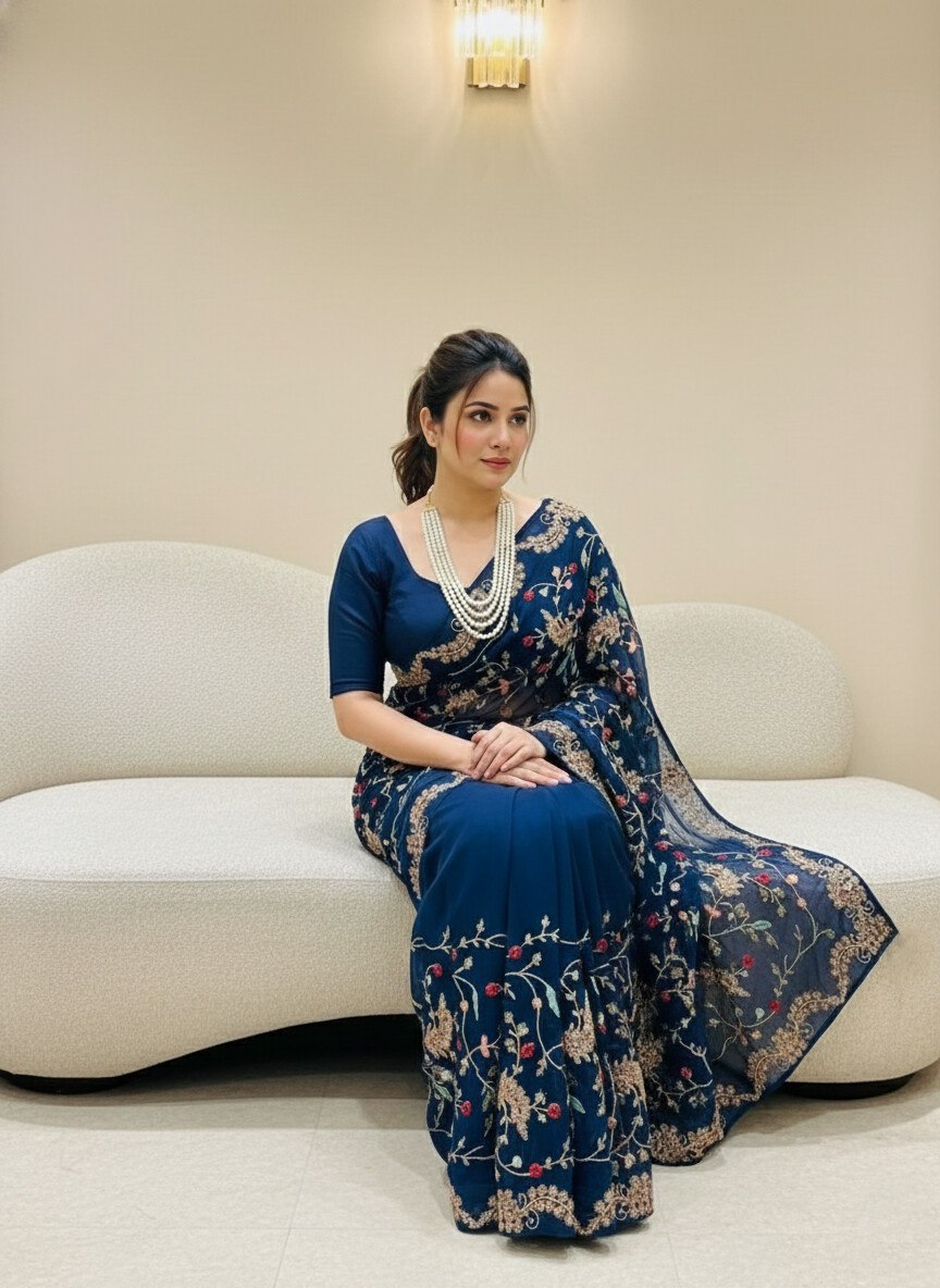 Navy Blue Rangoli Silk Designer Saree with Blouse