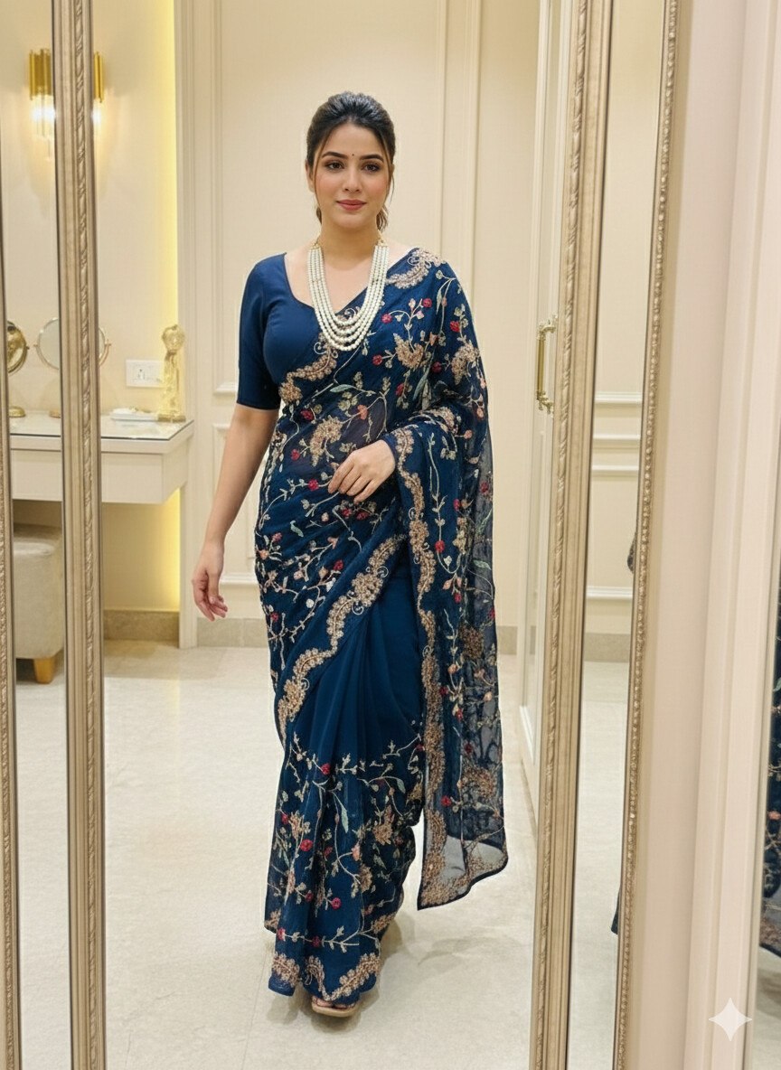 Navy Blue Rangoli Silk Designer Saree with Blouse